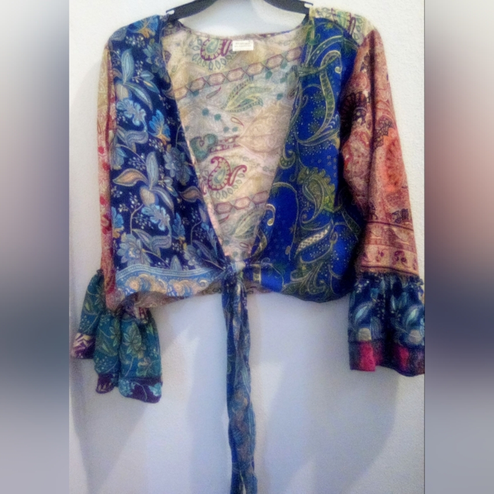 Indian 80% Art Silk Colorful Paisley Tie-Front  Blouse Bohemian Gipsy Hippie
